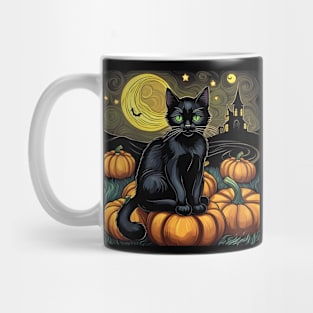 Halloween Black Cat Pumpkin Van Gogh Style Mug